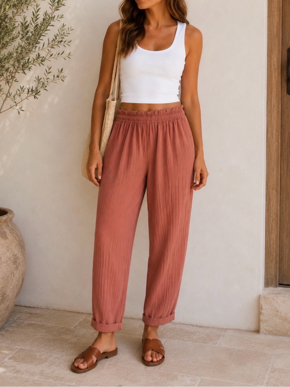 Lumiere Wide Leg Elastic Waist Pants in Terracotta
